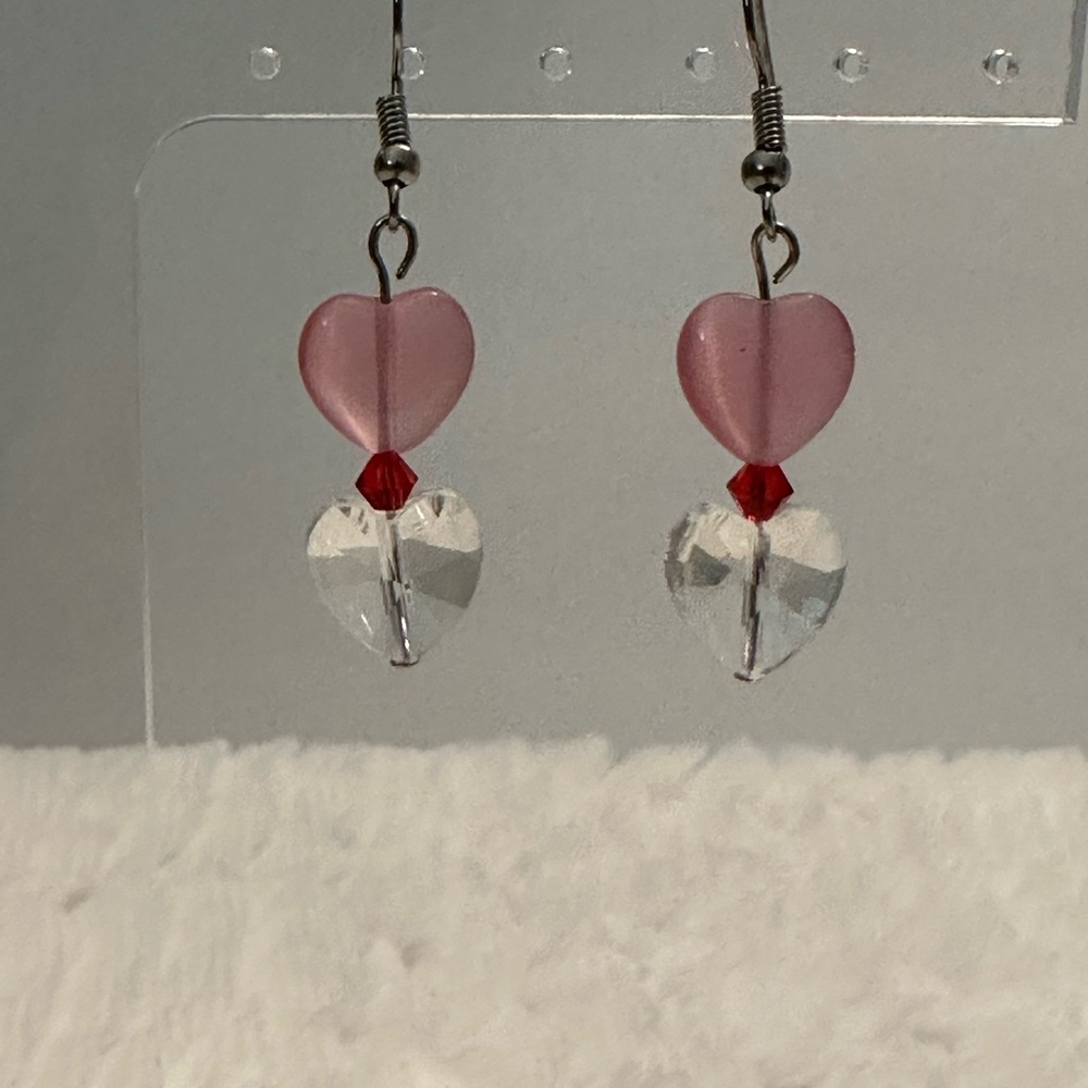 Pink Cats Eye Crystal Heart Earrings